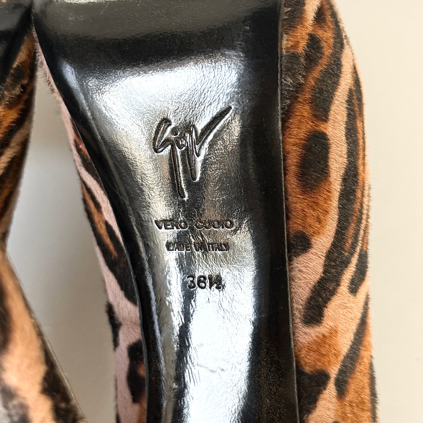 Giuseppe Zanotti Leopard Pony Hair Peep Toe Platform Heels (38.5)