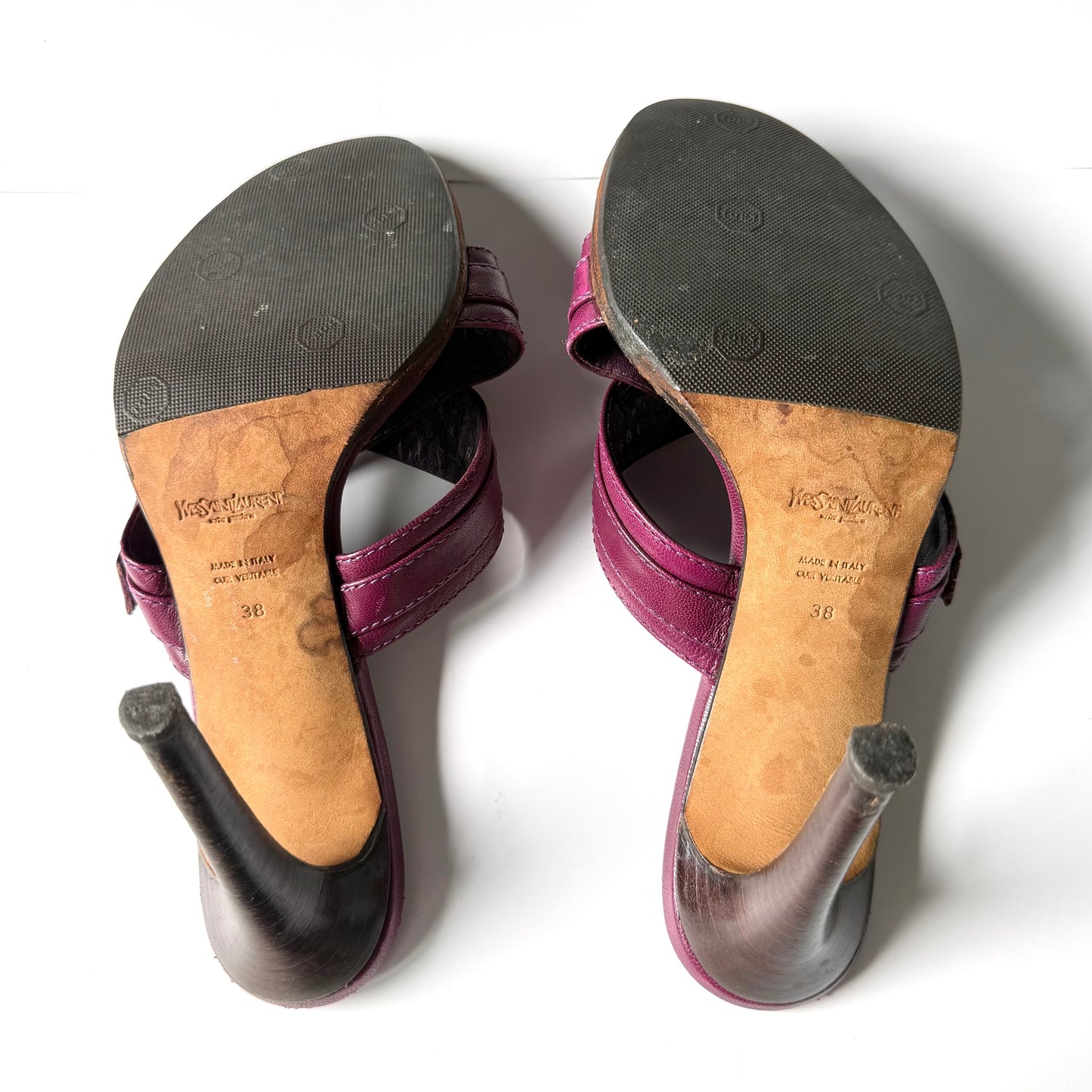 Vintage YSL Plum Leather Buckle Mule Heels (38)