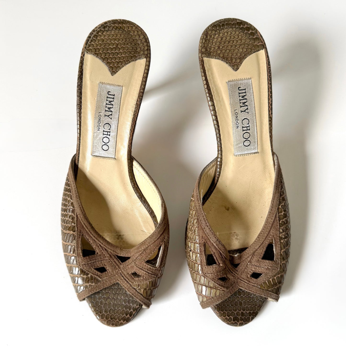 Vintage Jimmy Choo Brown Embossed Leather Mule Heels (36)