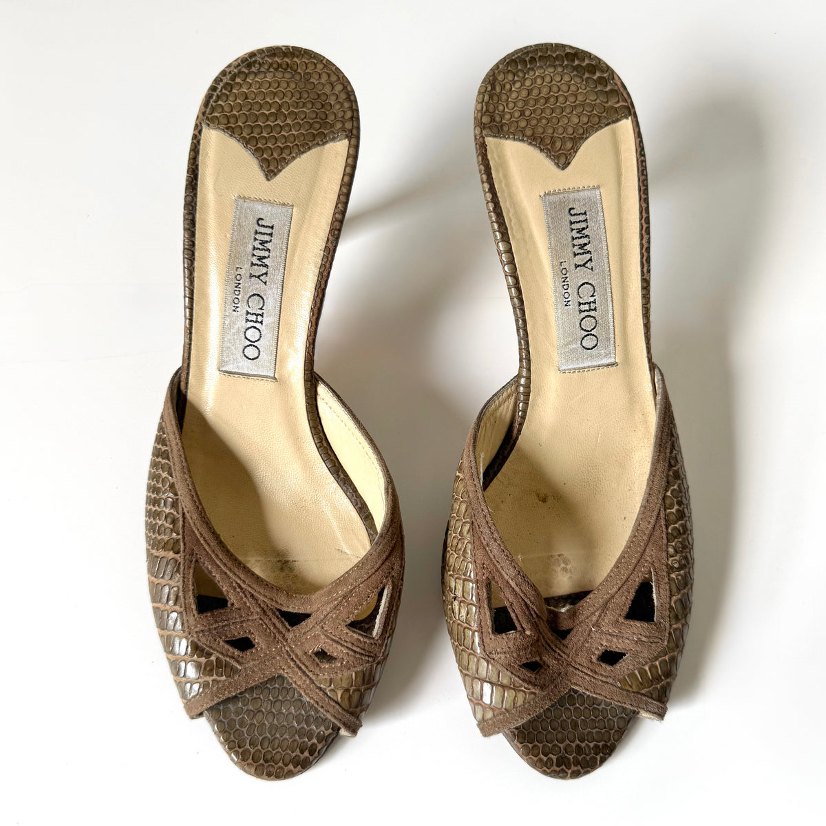 Vintage Jimmy Choo Brown Embossed Leather Mule Heels (36)