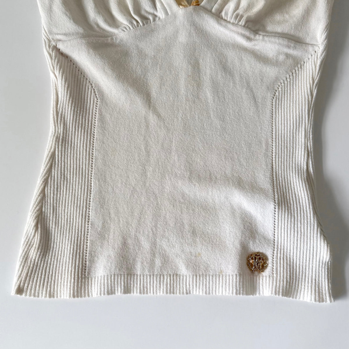Vintage 2000s Roberto Cavalli White Knit V Neck Top