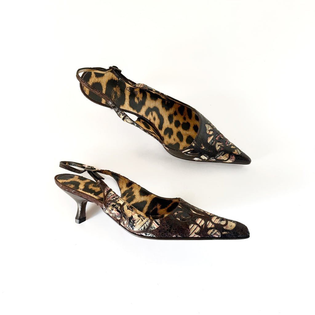 Vintage Roberto Cavalli Leopard Floral Cutout Slingback Heels (37)