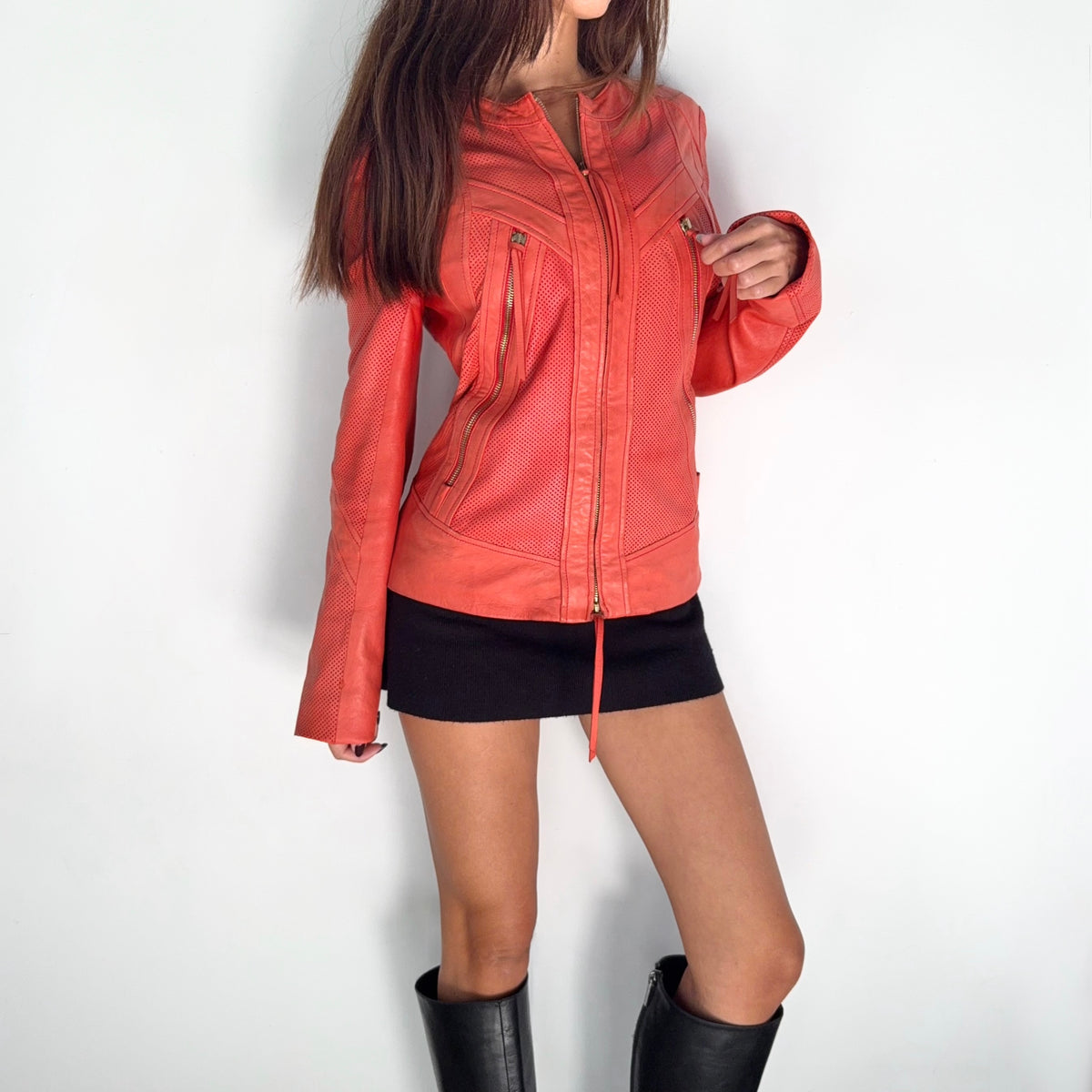 Roberto Cavalli Red Perforated Leather Jacket