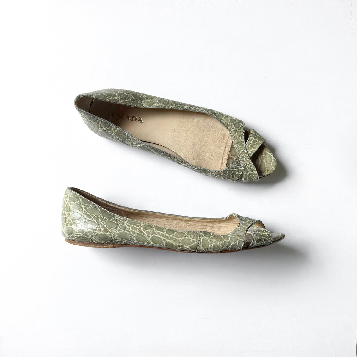 Vintage Prada Croc Embossed Peep Toe Ballet Flats (41)