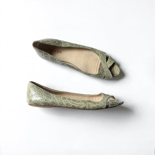 Vintage Prada Croc Embossed Peep Toe Ballet Flats (41)