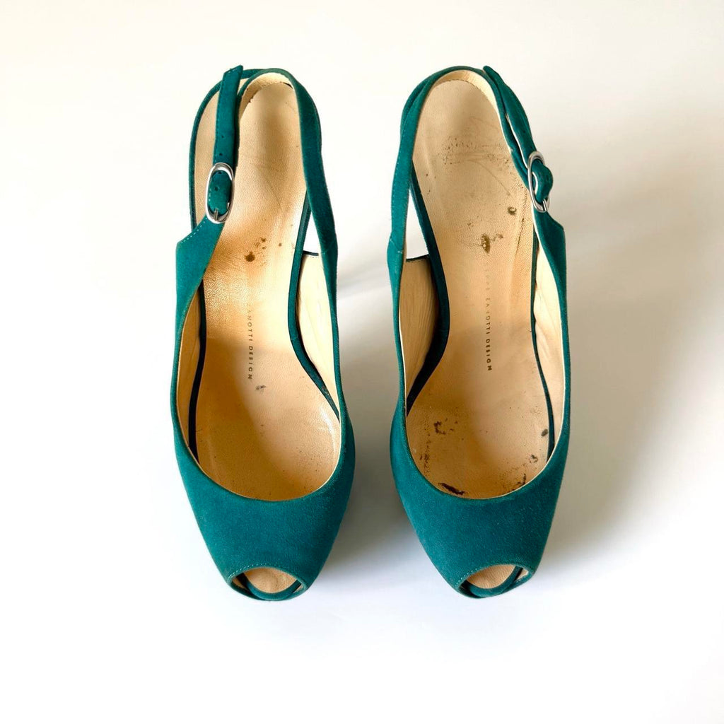 Giuseppe Zanotti Teal Suede Slingback Platform Heels (37)