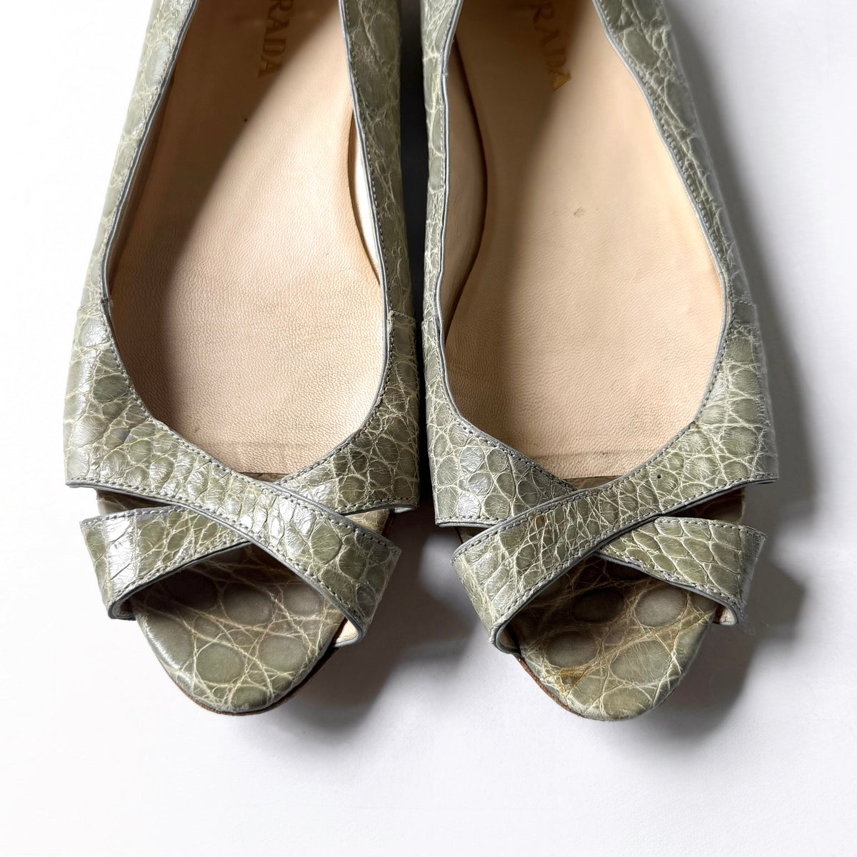 Vintage Prada Croc Embossed Peep Toe Ballet Flats (41)