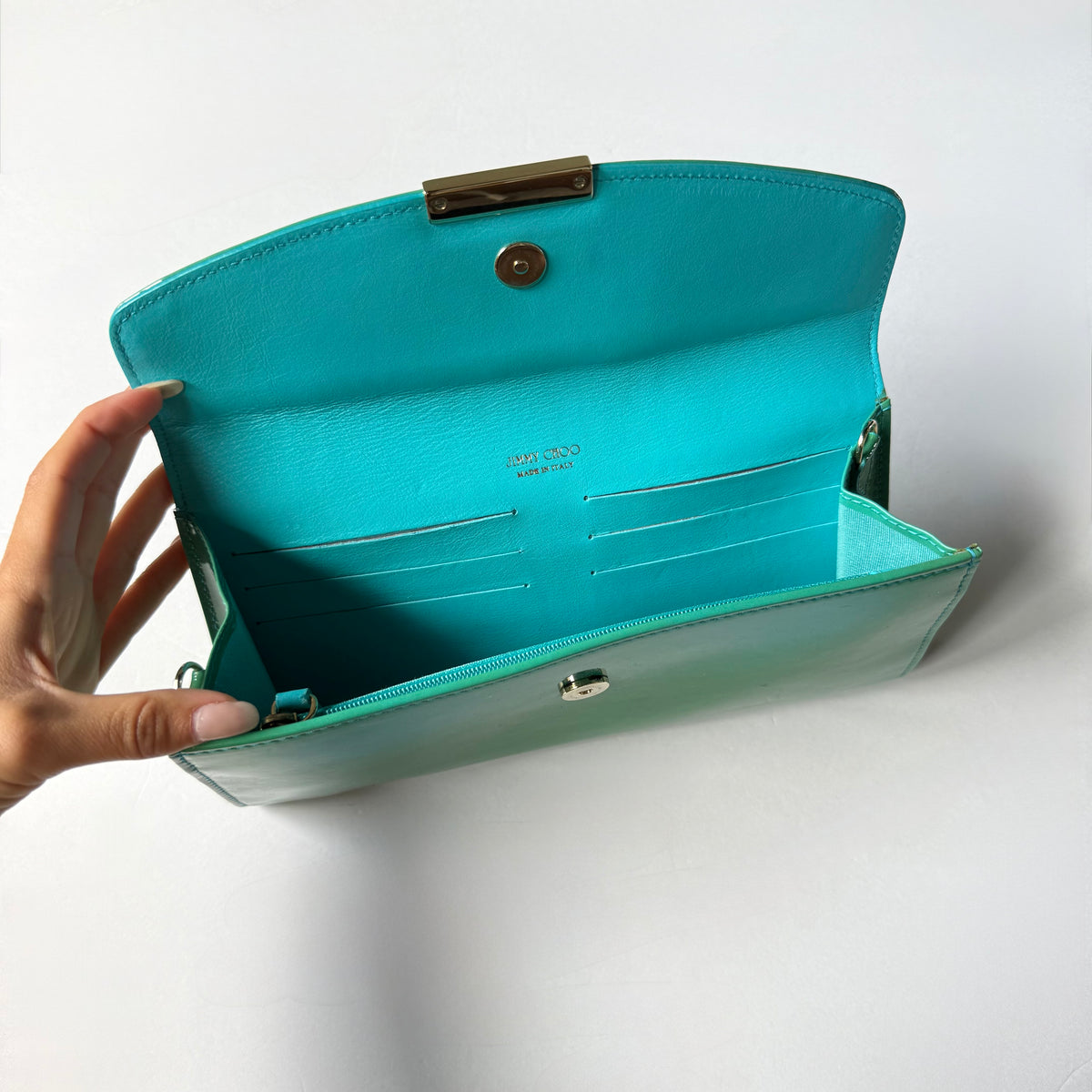 Jimmy Choo Teal Green Patent Leather Envelope Clutch
