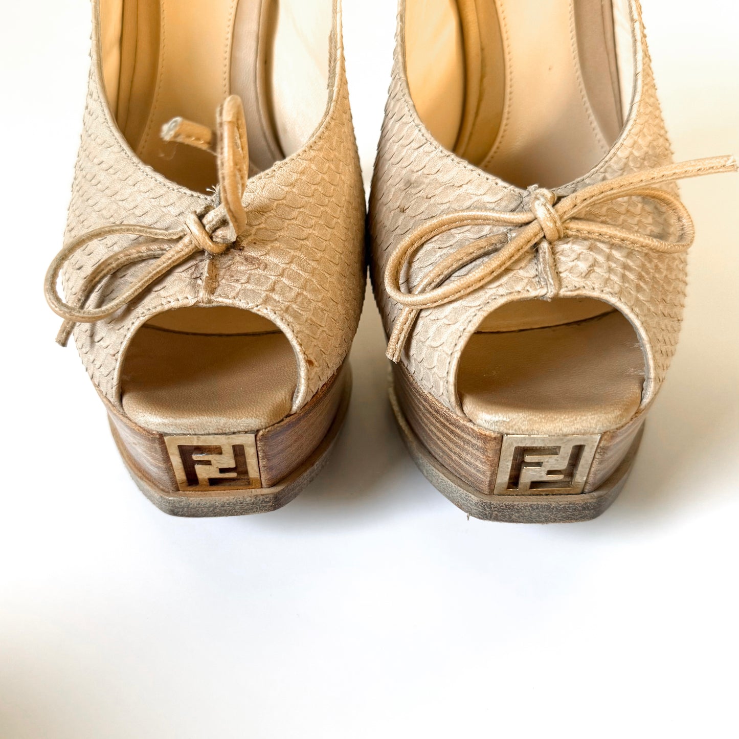 Vintage Fendi Y2K Snakeskin Peep Toe Platform Heels