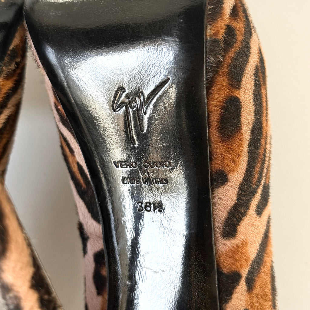Giuseppe Zanotti Leopard Pony Hair Peep Toe Platform Heels (38.5)