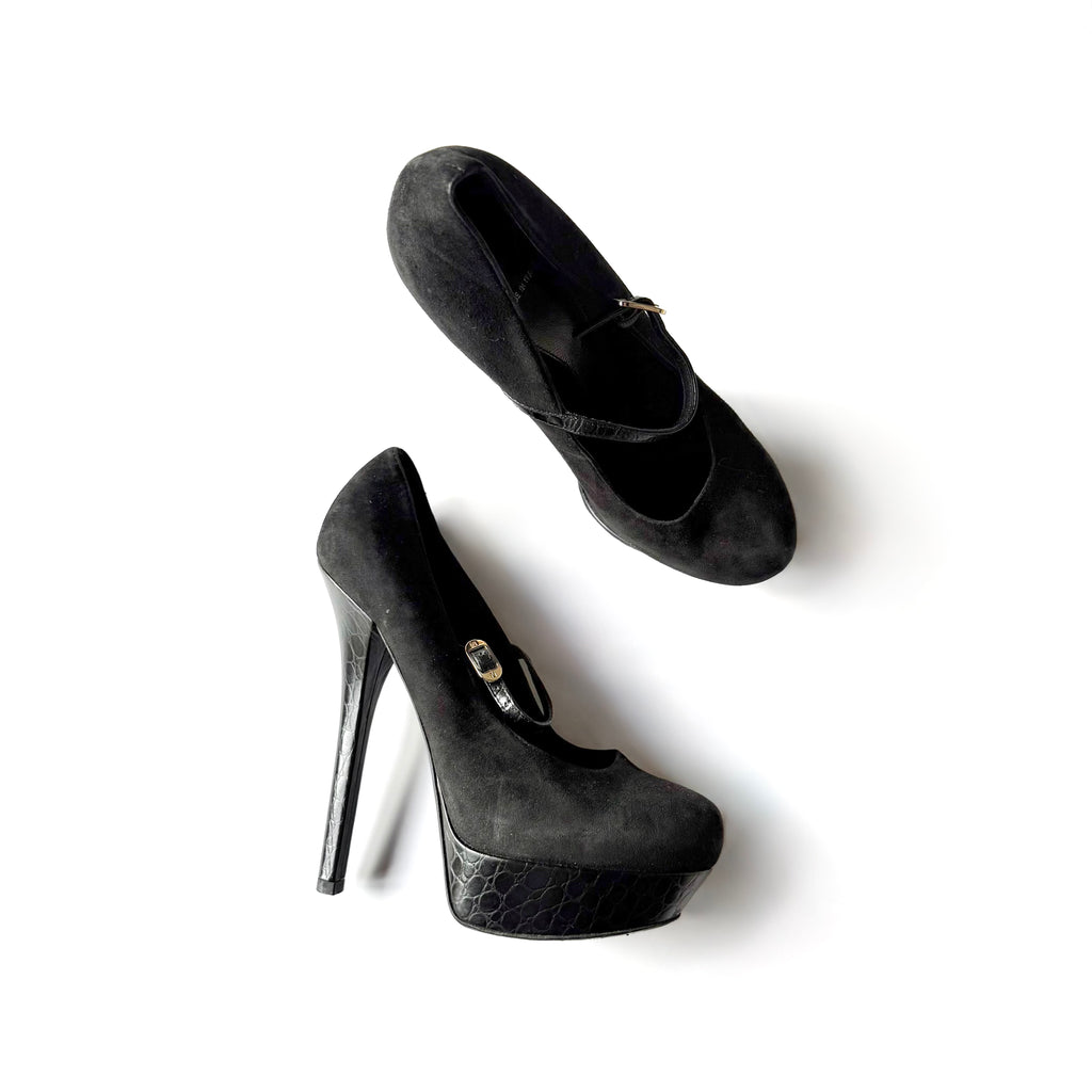 Vintage Fendi Black Suede Mary Jane Platforn Heels (39)