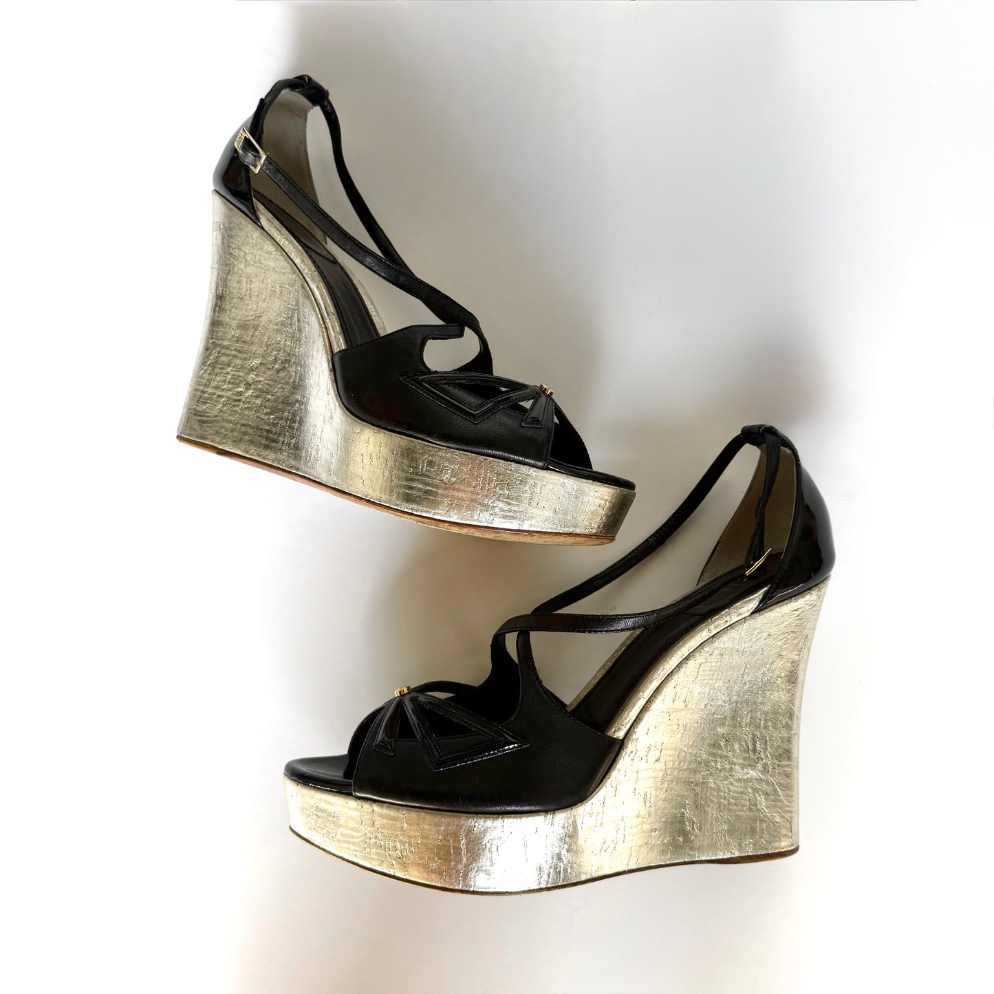 Vintage Christian Dior Black and Silver Platform Wedge Heels (39)
