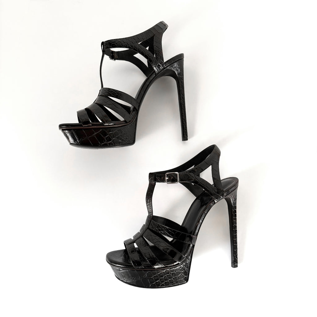 Saint Laurent Paris Black Croc Cage Platform Sandal Heels (39)