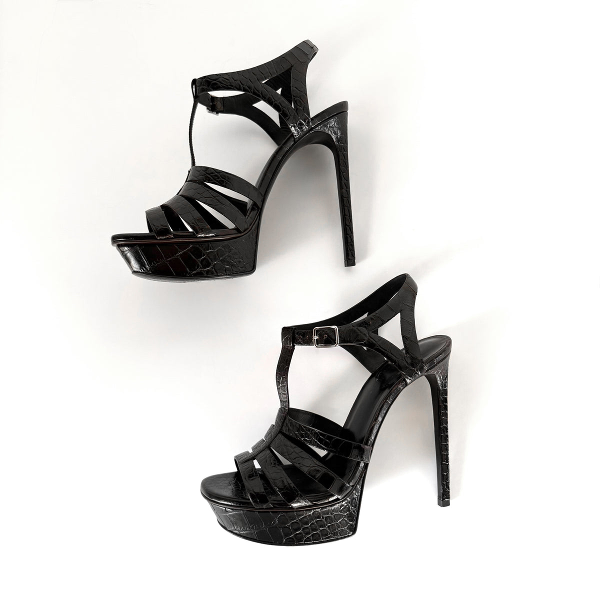 Saint Laurent Paris Black Croc Cage Platform Sandal Heels (39)