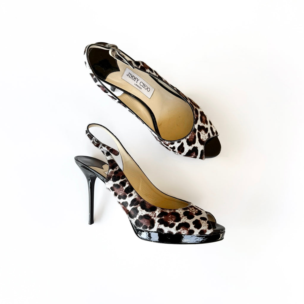 Jimmy Choo Leopard Print Pony Hair Slingback Heels