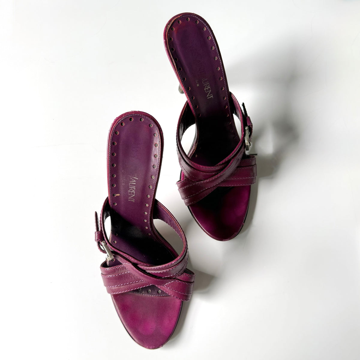 Vintage YSL Plum Leather Buckle Mule Heels (38)