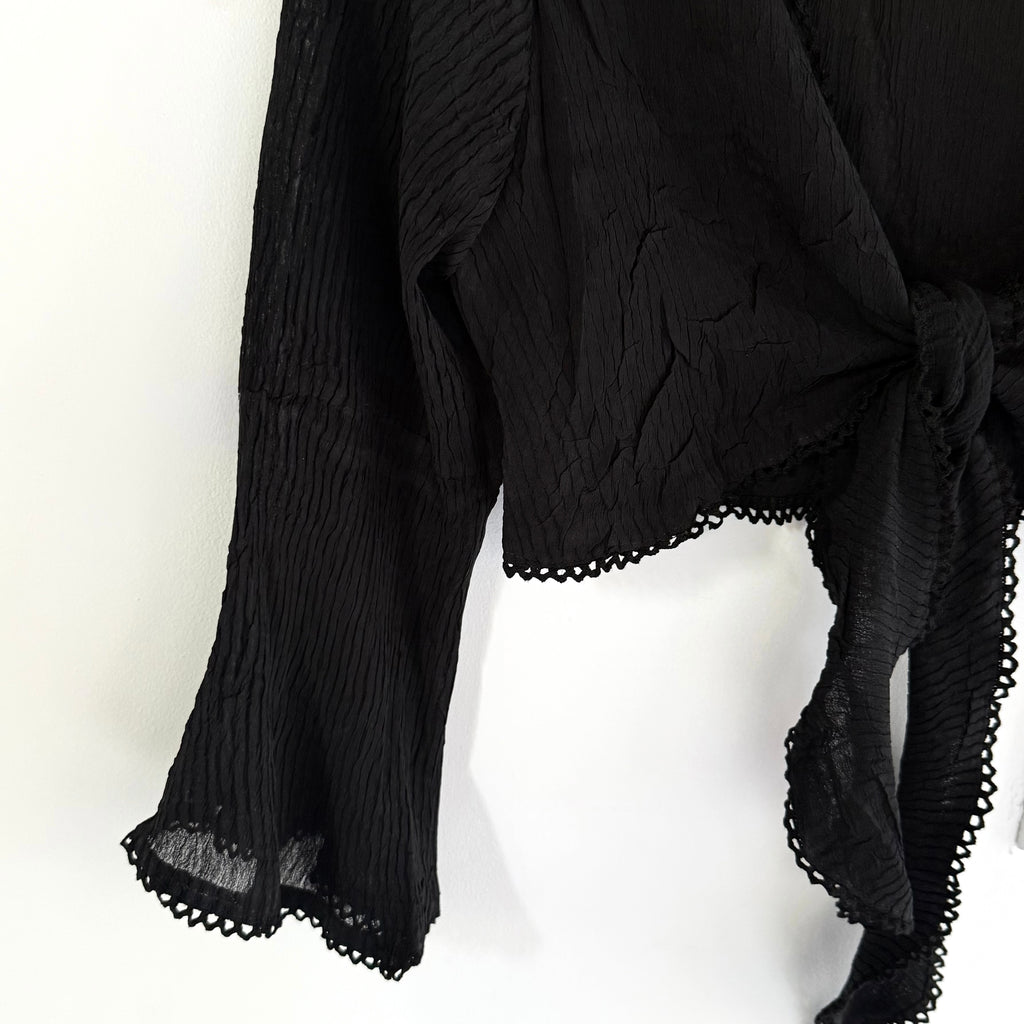 Alberto Makali Sheer Black Tie Front Bell Sleeve Top