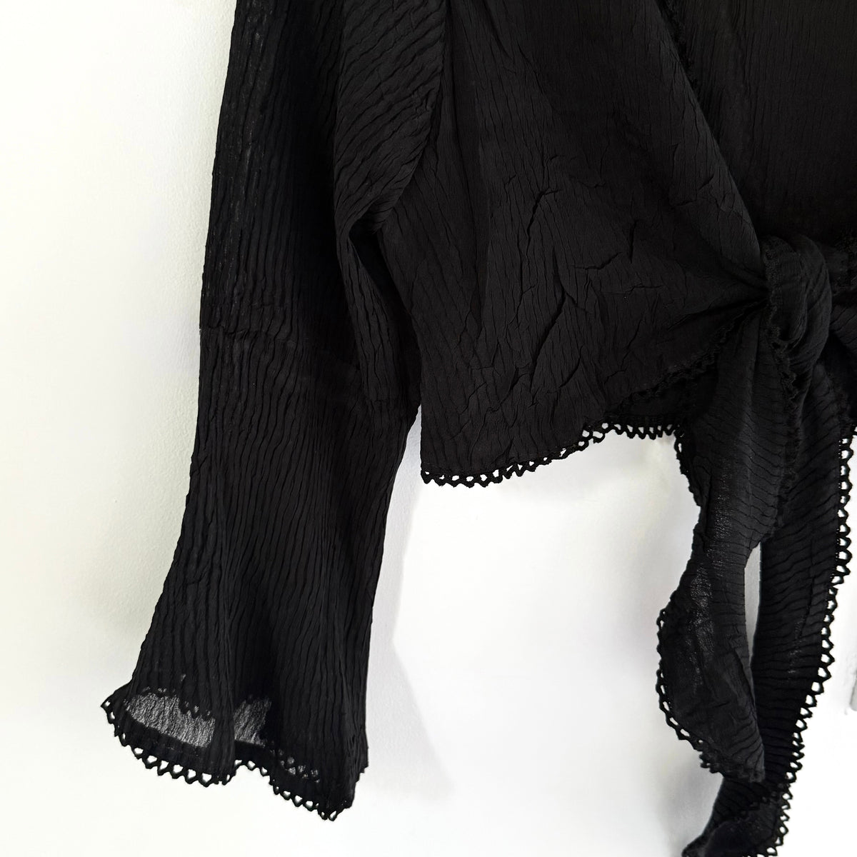 Alberto Makali Sheer Black Tie Front Bell Sleeve Top