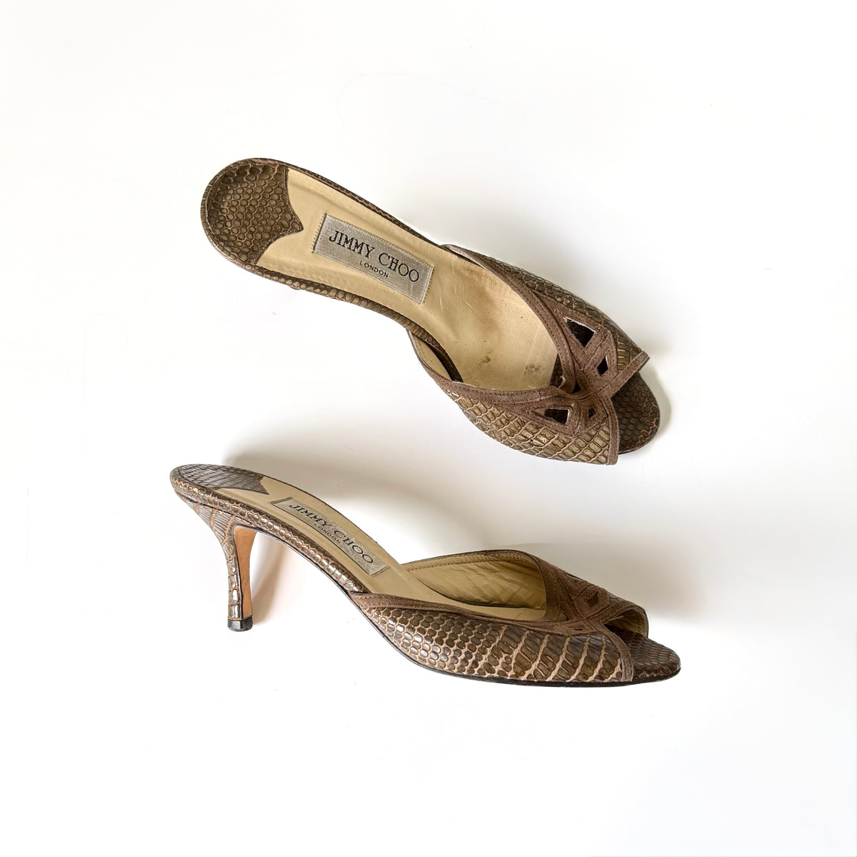 Vintage Jimmy Choo Brown Embossed Leather Mule Heels (36)