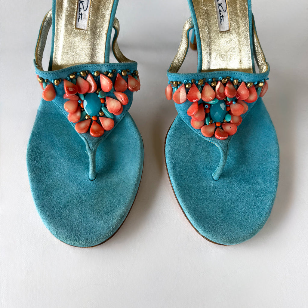 Vintage Oscar De La Renta Beaded Thong Sandal Heels (39)
