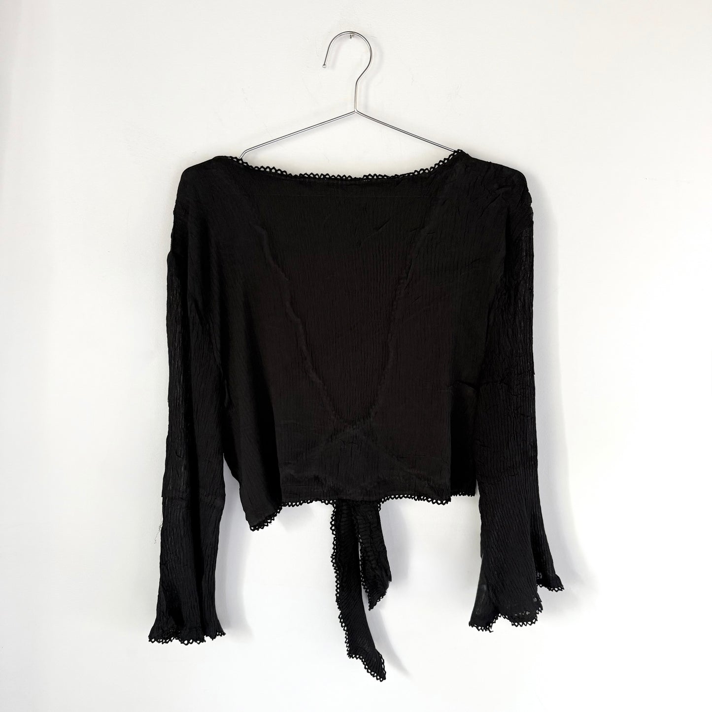 Alberto Makali Sheer Black Tie Front Bell Sleeve Top