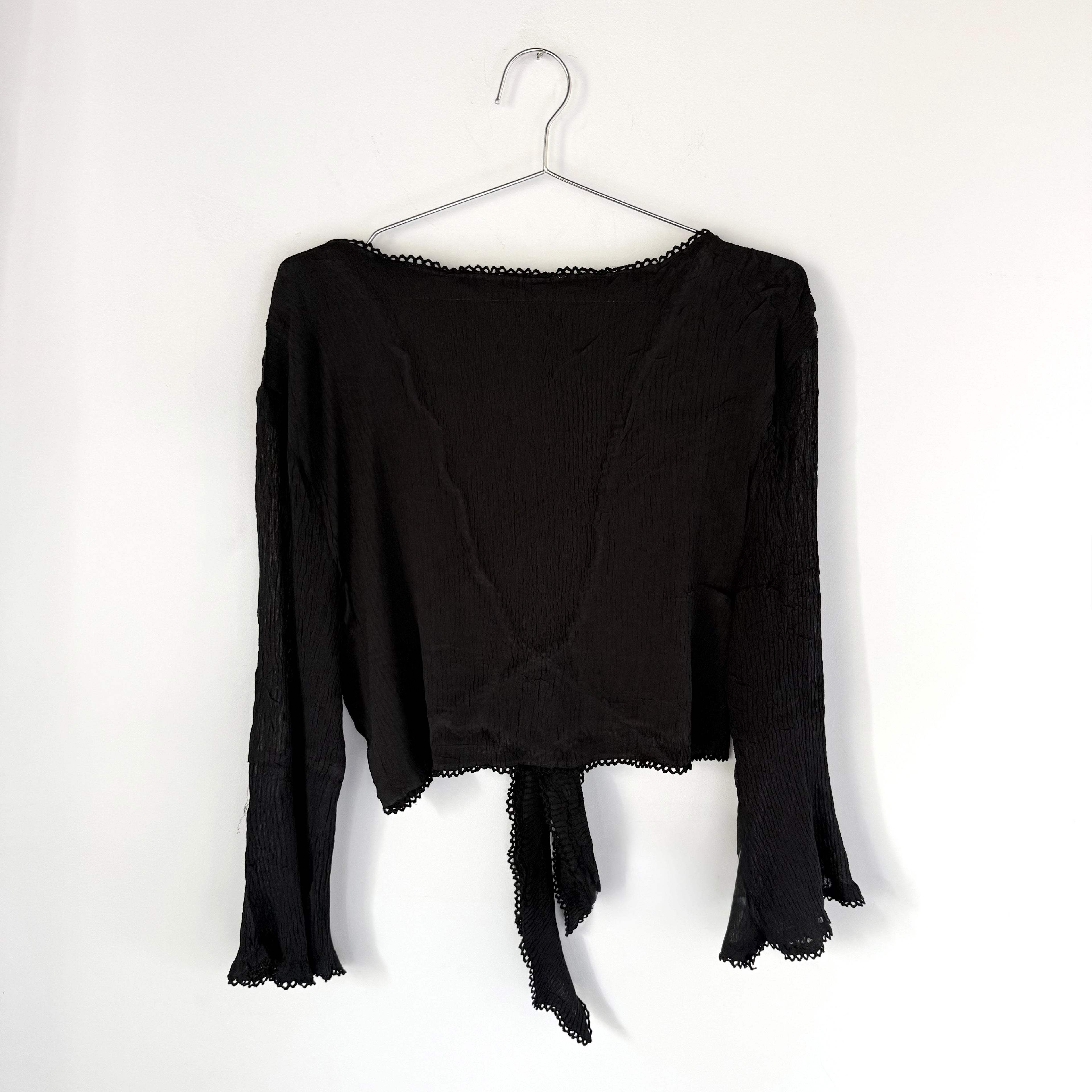 Alberto Makali Sheer Black Tie Front Bell Sleeve Top
