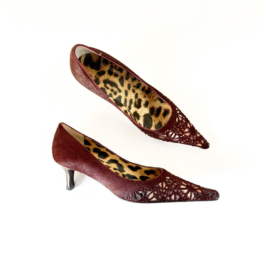 Vintage Roberto Cavalli Burgundy Haircalf Laser-Cut Pointed Toe Kitten Heels (37)