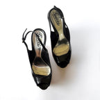 Gucci Black Patent Leather Peep Toe Raffia Platform Wedges (37.5)
