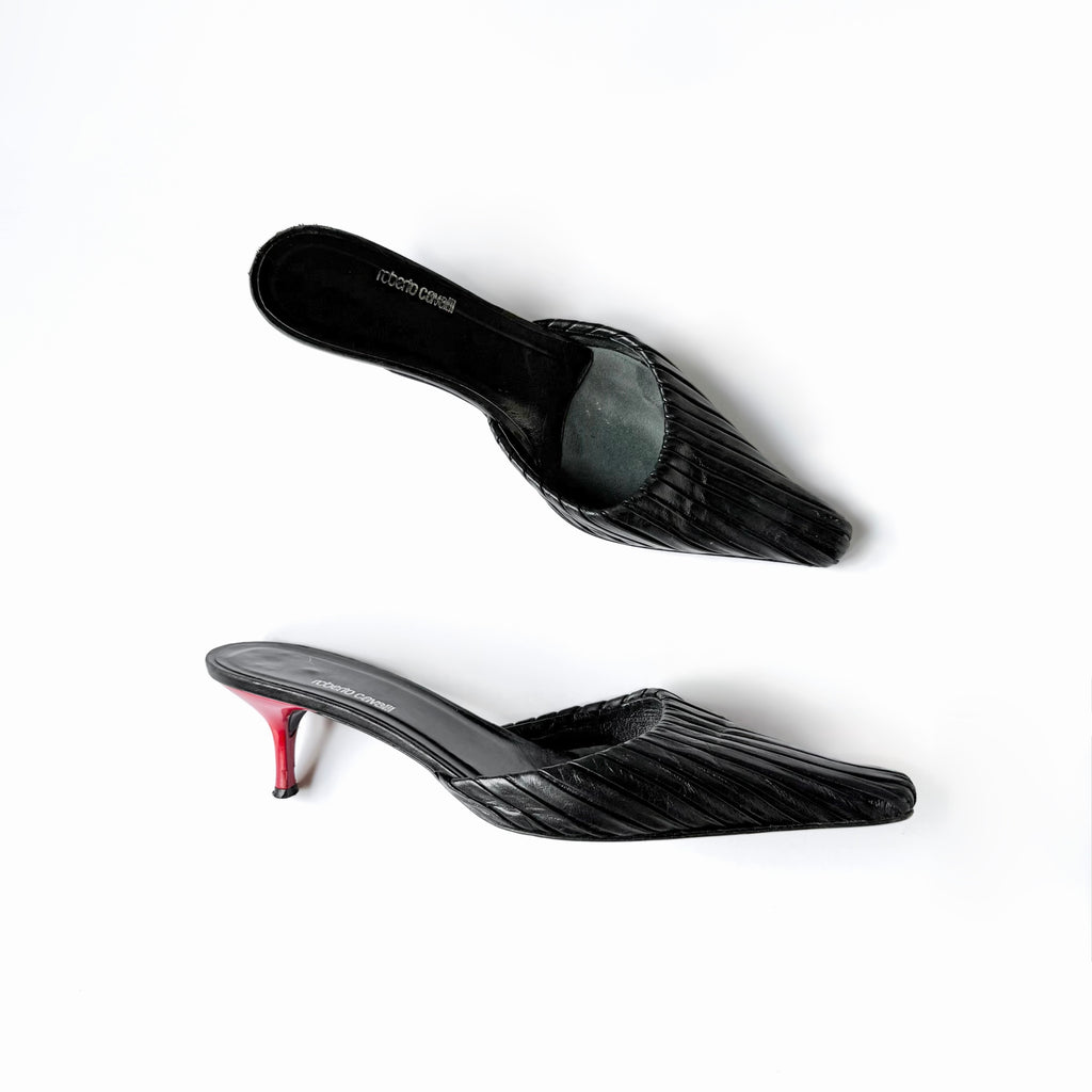 Vintage Roberto Cavalli Black Leather Kitten Heel Mules