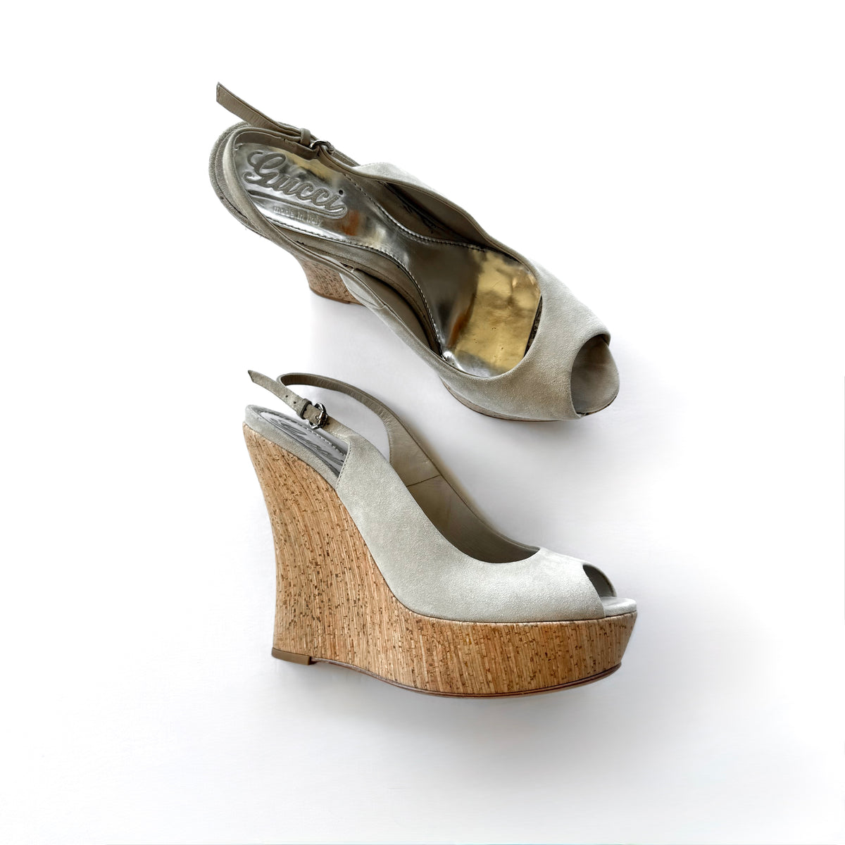 Vintage Gucci Suede Cork Platform Wedge Heels (37.5)