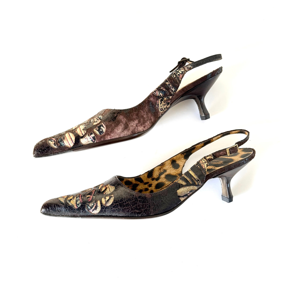 Vintage Roberto Cavalli Leopard Floral Cutout Slingback Heels (37)