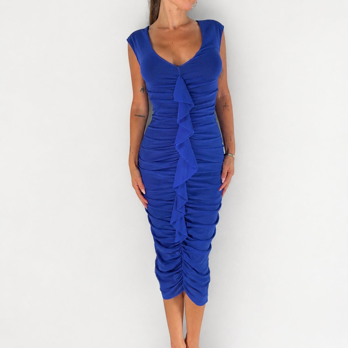 Vintage Fuzzi Ruched Ruffle Mesh Midi Dress Y2K Made in Italy