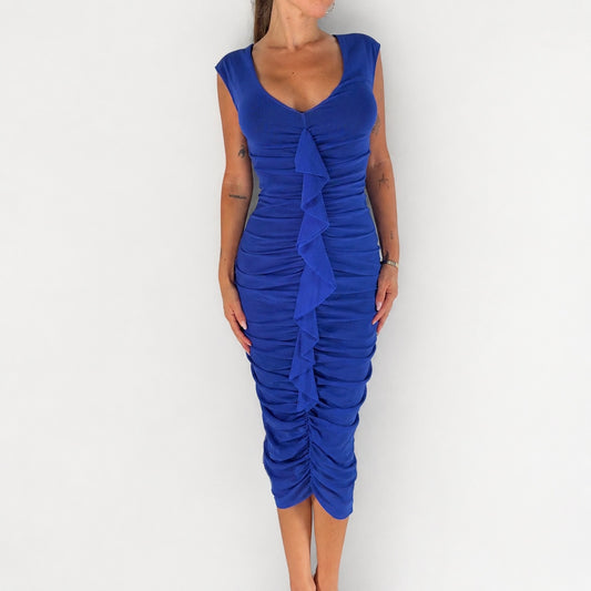 Vintage Fuzzi Ruched Ruffle Mesh Midi Dress Y2K Made in Italy