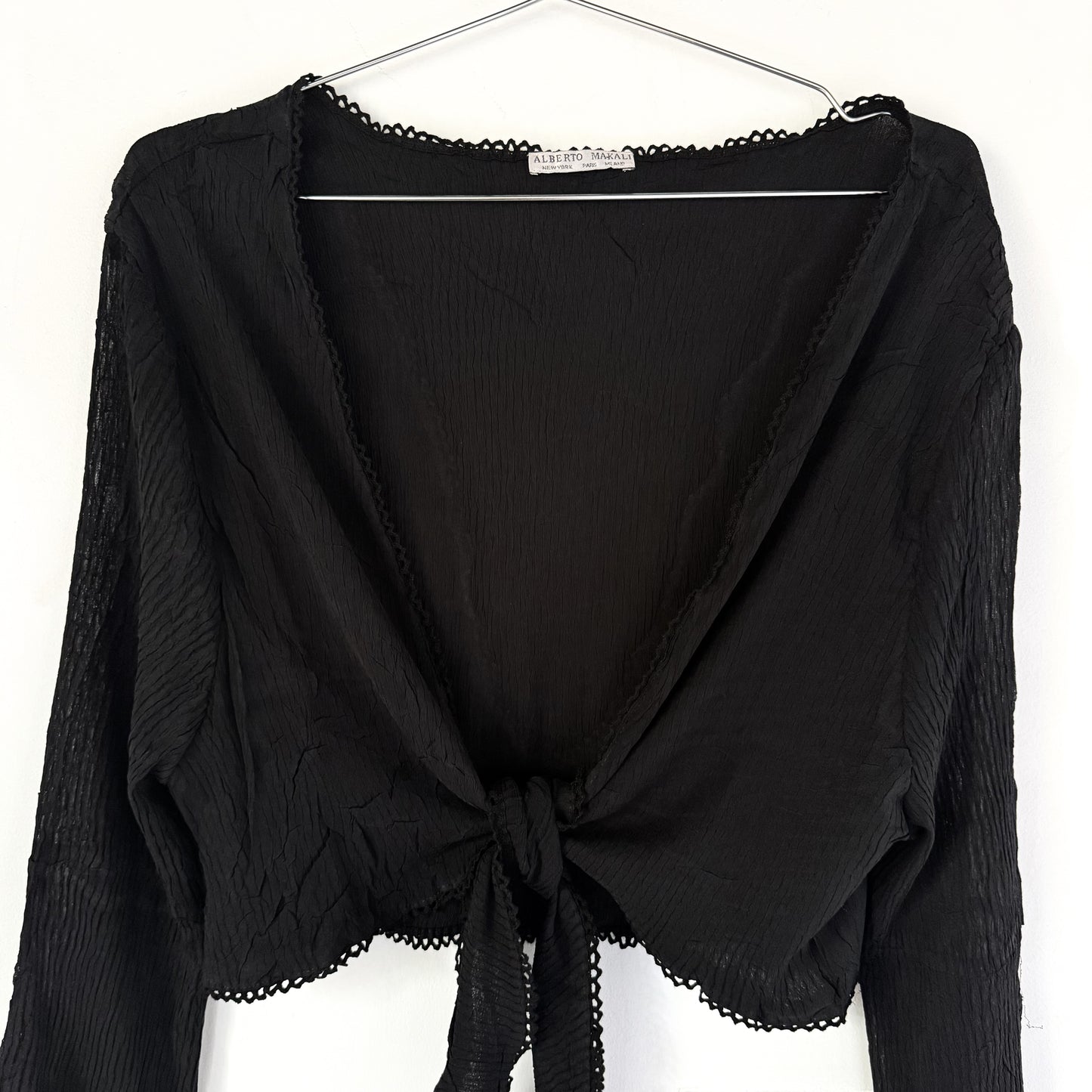 Alberto Makali Sheer Black Tie Front Bell Sleeve Top