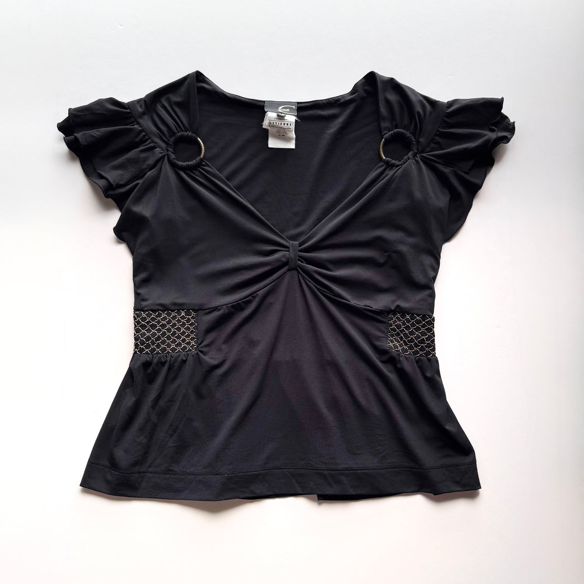 Vintage Just Cavalli Black Ruched Ruffle Sleeve Top