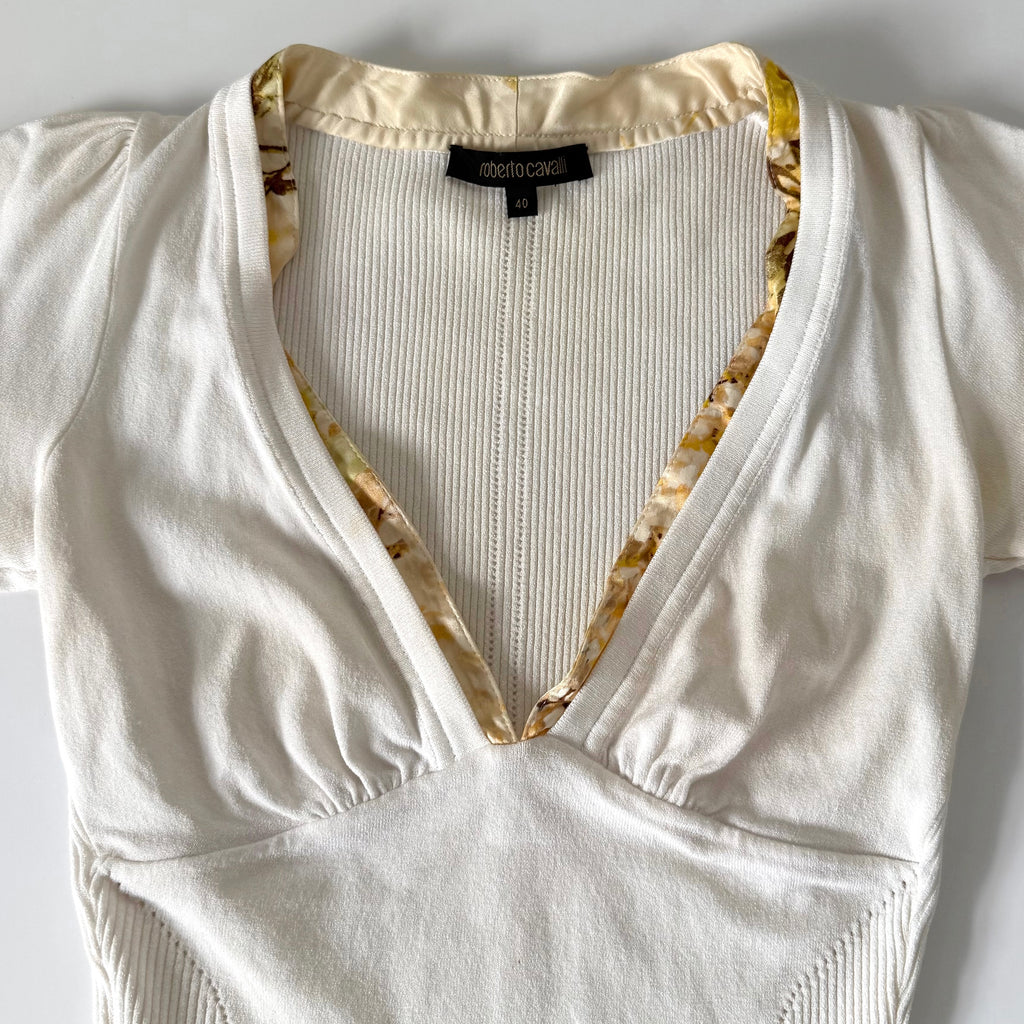 Vintage 2000s Roberto Cavalli White Knit V Neck Top
