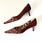 Vintage Roberto Cavalli Burgundy Haircalf Laser-Cut Pointed Toe Kitten Heels (37)