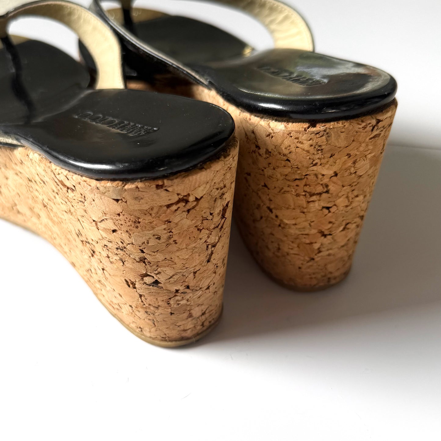 Jimmy Choo Black Patent Leather Cork Wedge Thong Platform Heels (39.5)