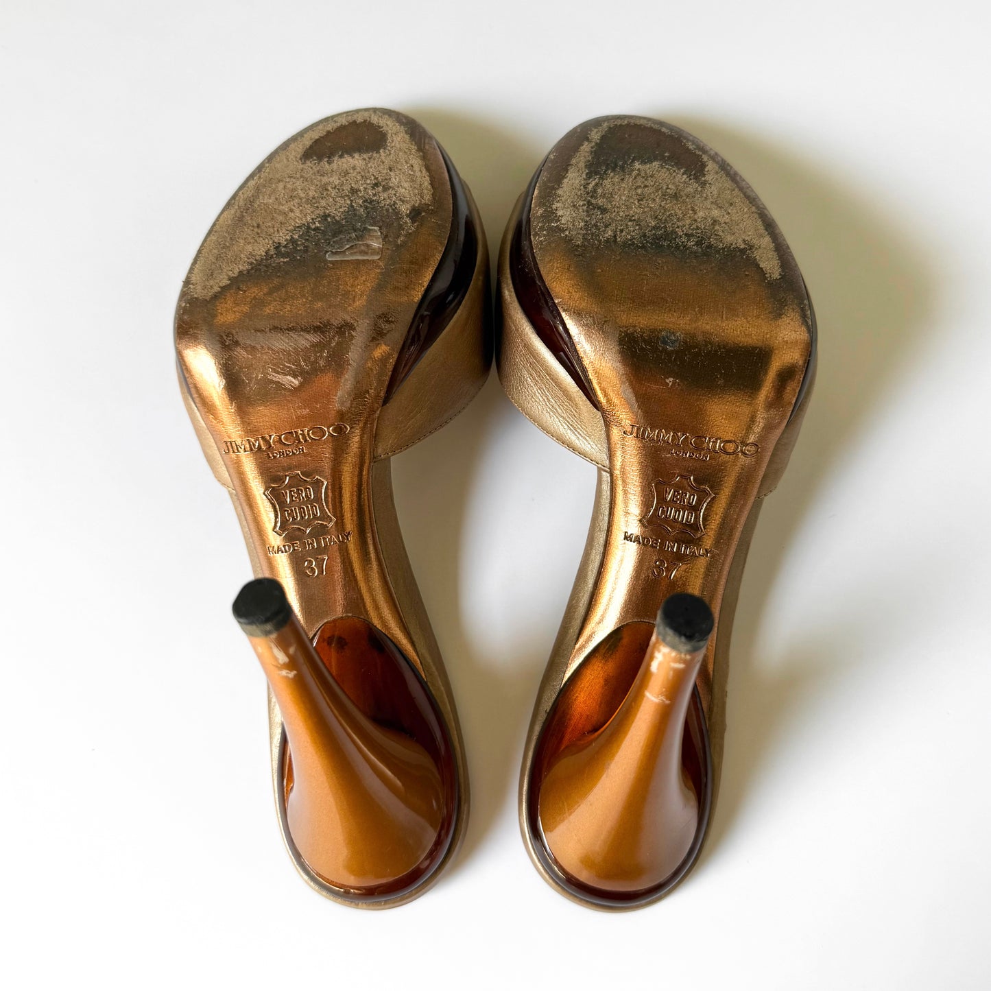 Vintage Jimmy Choo Gold Leather Sandal Heel (37)