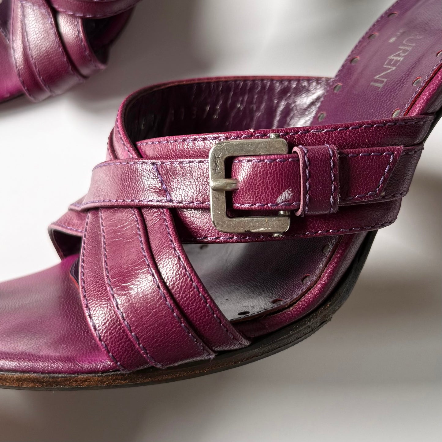 Vintage YSL Plum Leather Buckle Mule Heels (38)