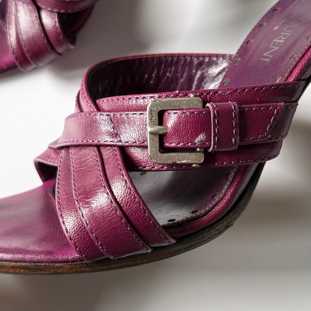 Vintage YSL Plum Leather Buckle Mule Heels (38)