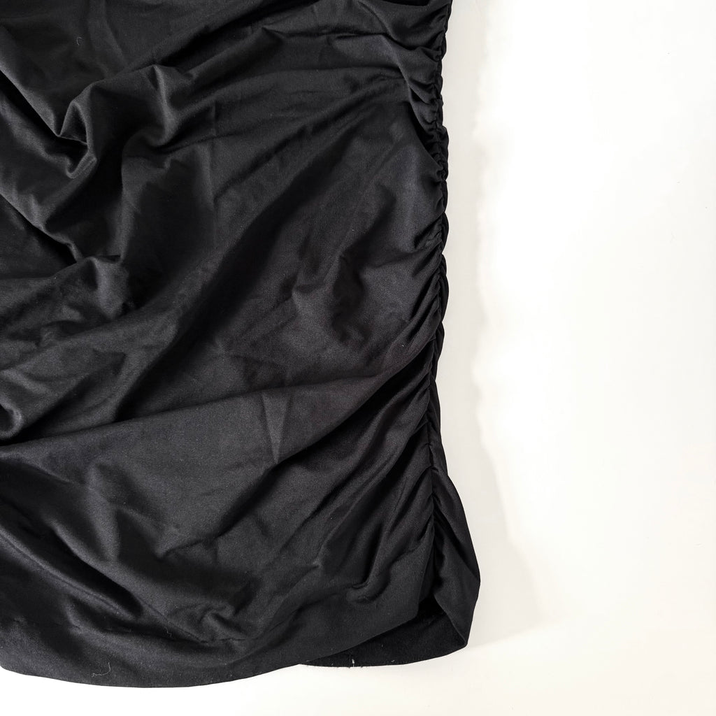 Vintage Vivienne Tam Black Ruched Strapless Midi Dress