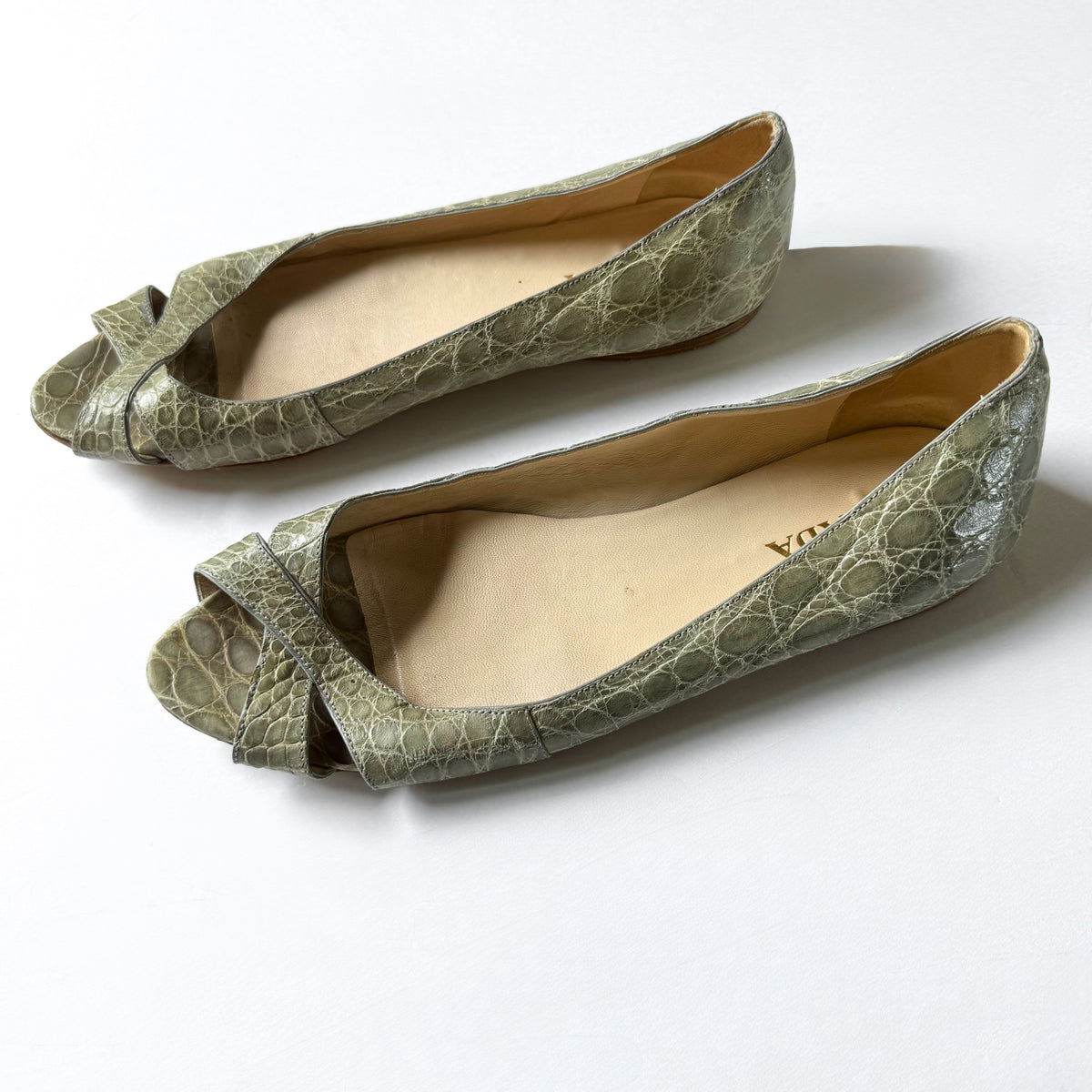 Vintage Prada Croc Embossed Peep Toe Ballet Flats (41)