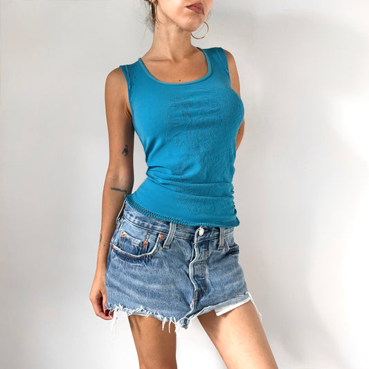 Vintage Cavalli Turqoise Mesh Embossed Tank Top