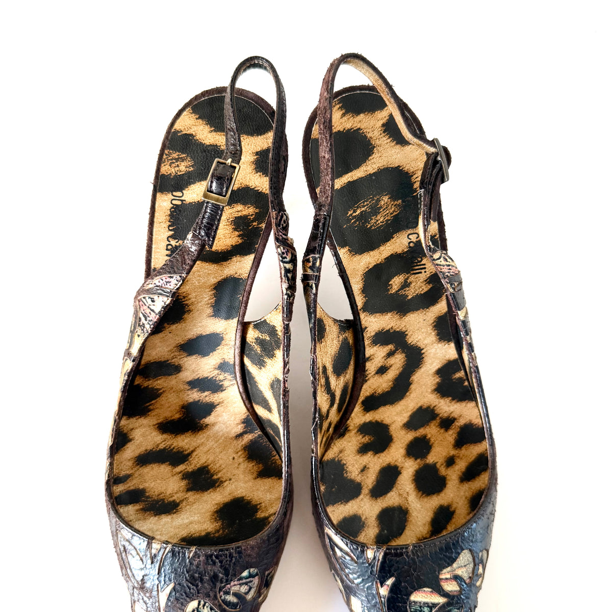 Vintage Roberto Cavalli Leopard Floral Cutout Slingback Heels (37)