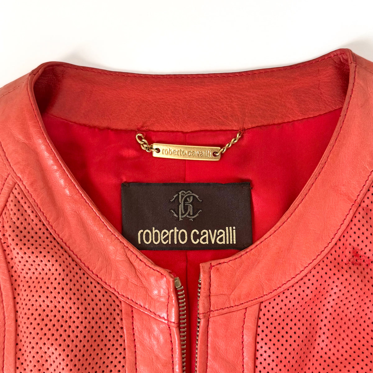 Roberto Cavalli Red Perforated Leather Jacket