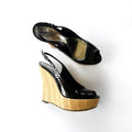 Gucci Black Patent Leather Peep Toe Raffia Platform Wedges (37.5)