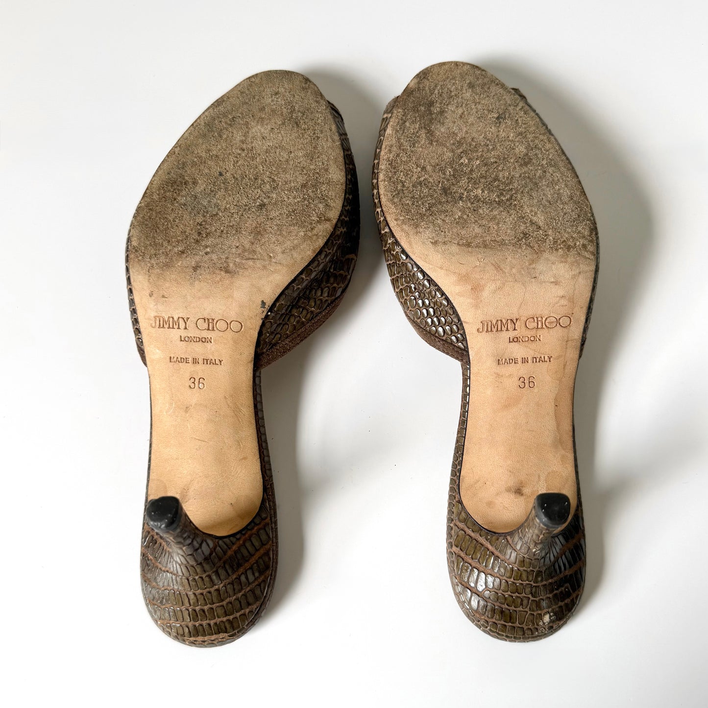 Vintage Jimmy Choo Brown Embossed Leather Mule Heels (36)