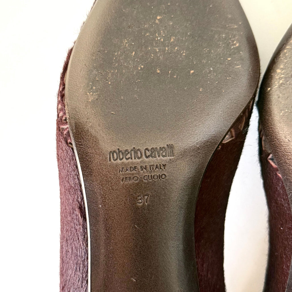 Vintage Roberto Cavalli Burgundy Haircalf Laser-Cut Pointed Toe Kitten Heels (37)