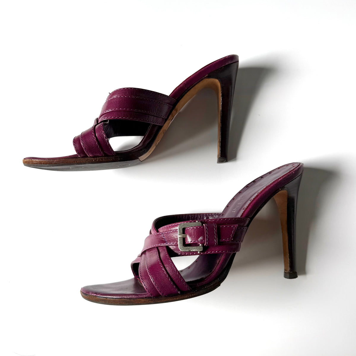 Vintage YSL Plum Leather Buckle Mule Heels (38)